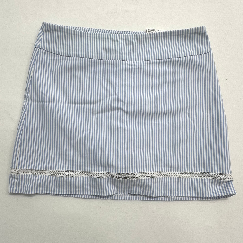 Crown & Ivy Women Sz 14 Skort Blue White Stripe Preppy Coastal Crochet Lace Trim